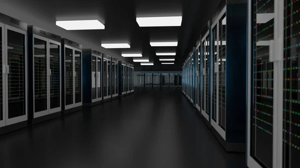 Server room data center. Backup, mining, hosting, mainframe, farm and computer rack with storage information. 3d render — Stock Photo, Image