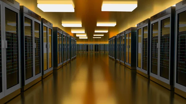 Sunucu odası veri merkezi. Yedek, madencilik, ev sahipliği, ana bilgisayar, çiftlik ve bilgisayar rafı ve depolama bilgileri. 3d hazırlayıcı