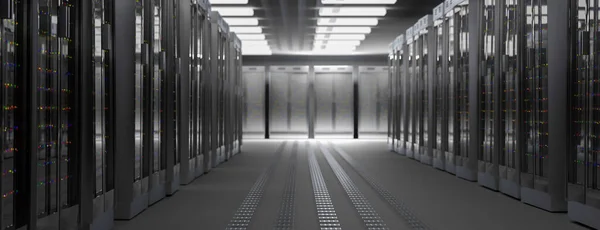 Servidores. Centro de datos de la sala de servidores. Copia de seguridad, alojamiento, mainframe, granja y estante de la computadora con información de almacenamiento. 3d renderizar — Foto de Stock