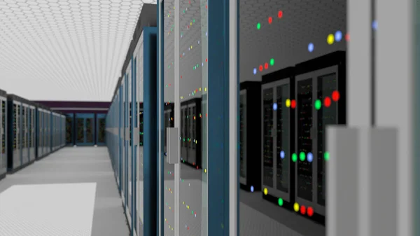 Servidores. Centro de datos de la sala de servidores. Copia de seguridad, alojamiento, mainframe, granja y estante de la computadora con información de almacenamiento. 3d renderizar — Foto de Stock