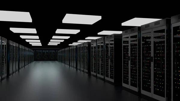 Servidores. Centro de datos de la sala de servidores. Copia de seguridad, alojamiento, mainframe, granja y estante de la computadora con información de almacenamiento. 3d renderizar — Foto de Stock