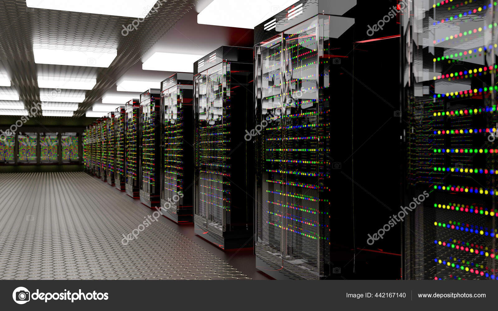 サーバーだサーバールームデータセンター ストレージ情報を持つバックアップ ホスティング メインフレーム ファームおよびコンピュータラック 3dレンダリング ストック写真 C D19p76