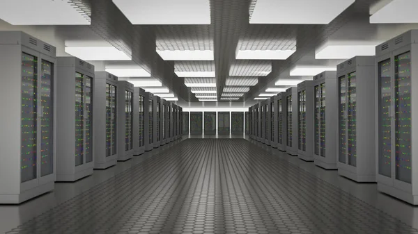 Servidores. Centro de datos de la sala de servidores. Copia de seguridad, alojamiento, mainframe, granja y estante de la computadora con información de almacenamiento. 3d renderizar — Foto de Stock