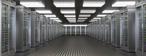 Tjänare. Serverrum datacenter. Säkerhetskopiering, hosting, stordator, gård och datorställ med lagringsinformation. 3D-återgivning — Stockfoto