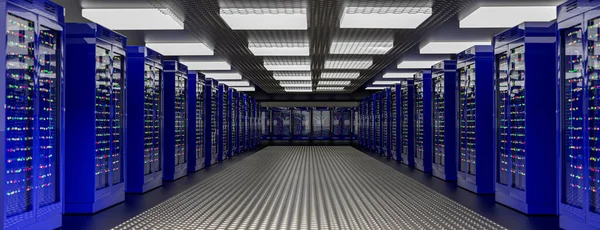 Servidores. Centro de datos de la sala de servidores. Copia de seguridad, alojamiento, mainframe, granja y estante de la computadora con información de almacenamiento. 3d renderizar — Foto de Stock