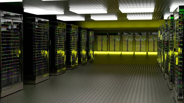 Servers. Datacenter serverruimte. Back-up, hosting, mainframe, boerderij en computer rek met opslaginformatie. 3d renderen — Stockfoto