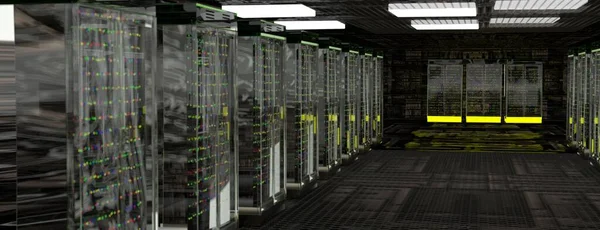 Servers. Datacenter serverruimte. Back-up, hosting, mainframe, boerderij en computer rek met opslaginformatie. 3d renderen — Stockfoto