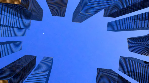 Panoramatický a perspektivní pohled na ocelově světle modré pozadí skla vysoké budovy mrakodrap města budoucnosti. Obchodní koncepce průmyslové technické architektury. 3D vykreslování. 3D ilustrace — Stock fotografie