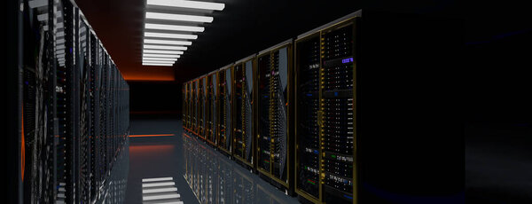 Server room data center. Backup, mining, hosting, mainframe, farm and computer rack with storage information. 3d render