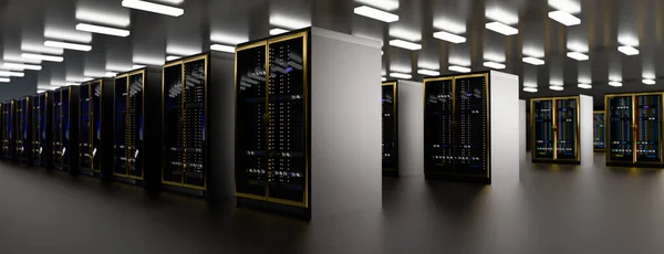 Centro de dados da sala do servidor. Backup, mineração, hospedagem, mainframe, fazenda e rack de computador com informações de armazenamento. Renderização 3d — Fotografia de Stock