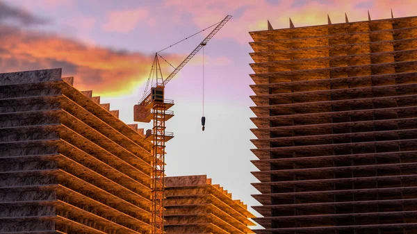 Edificio alto en construcción. Lado con grúas contra el cielo azul con resplandor solar. renderizado 3d —  Fotos de Stock