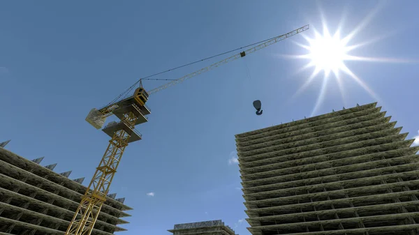 Hög byggnad under uppbyggnad. Sida med kranar mot blå himmel med solsken. 3d-konvertering — Stockfoto