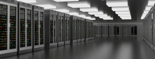 Centro de datos de la sala de servidores. Copia de seguridad, minería, alojamiento, mainframe, granja y rack de computadoras con información de almacenamiento. 3d renderizar — Foto de Stock