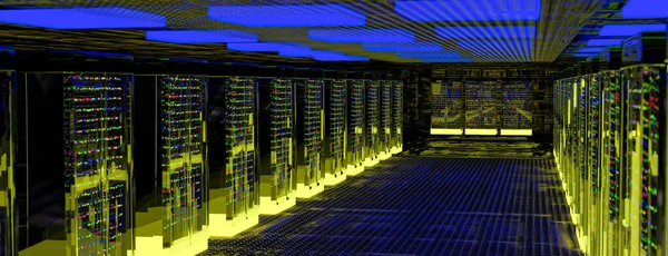 Sunucular. Sunucu odası veri merkezi. Yedek, sunucu, ana bilgisayar, çiftlik ve bilgisayar rafı ve depolama bilgileri. 3d hazırlayıcı