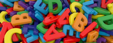 Arkaplanda alfabe harfleri var. Beyaz arka planda plastik alfabe harfleri. Gökkuşağı renkleri. Üç boyutlu illüstrasyon. 3B görüntüleme