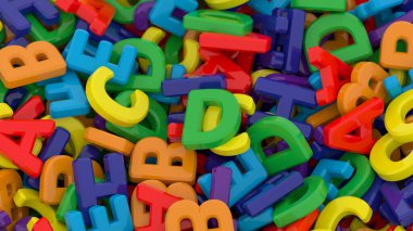 Arkaplanda alfabe harfleri var. Beyaz arka planda plastik alfabe harfleri. Gökkuşağı renkleri. Üç boyutlu illüstrasyon. 3B görüntüleme