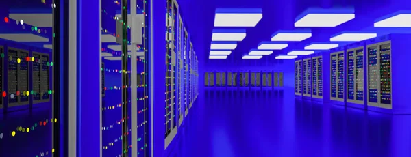 Server room data center. Backup, mining, hosting, mainframe, farm and computer rack with storage information. 3d render