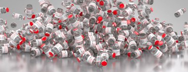 Covid-19 Coronavirus aşısı masasında bir sürü tek kullanımlık tüp var. Tıbbi bulaşıcı konsept. 3d oluşturma