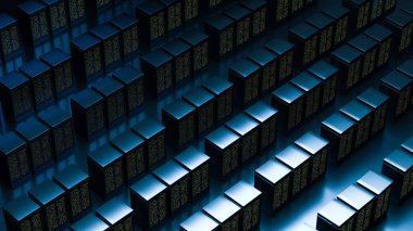 Sunucu. Sunucu odası veri merkezi. Yedek, madencilik, ev sahipliği, ana bilgisayar, çiftlik ve bilgisayar rafı ve depolama bilgileri. 3d hazırlayıcı