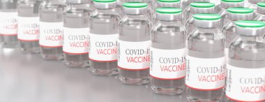 Aşı. Covid-19 Coronavirus aşısı masasında bir sürü tek kullanımlık tüp var. Tıbbi bulaşıcı konsept. 3d oluşturma