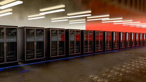 Centro de datos de la sala de servidores. Copia de seguridad, minería, alojamiento, mainframe, granja y rack de computadoras con información de almacenamiento. 3d renderizar —  Fotos de Stock