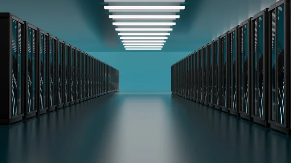 Server room data center. Backup, mining, hosting, mainframe, farm and computer rack with storage information. 3d render — Stock Photo, Image