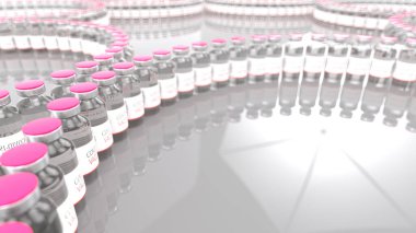 Aşı. Covid-19 Coronavirus aşısı masasında bir sürü tek kullanımlık tüp var. Tıbbi bulaşıcı konsept. 3d oluşturma
