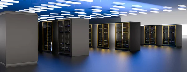 Διακομιστής. Servers δωμάτιο data center. Δημιουργία αντιγράφων ασφαλείας, εξόρυξη, φιλοξενία, mainframe, αγρόκτημα και ράφι υπολογιστών με πληροφορίες αποθήκευσης. 3d απόδοση — Φωτογραφία Αρχείου