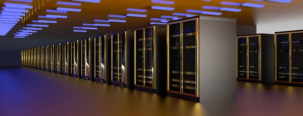 Servidor. Centro de datos de la sala de servidores. Copia de seguridad, minería, alojamiento, mainframe, granja y rack de computadoras con información de almacenamiento. 3d renderizar — Foto de Stock