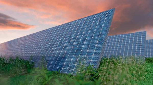 Pozadí solárních panelů fotovoltaických modulů pro obnovitelnou energii. Mraky a modrá obloha v zrcadle. Alternativní zdroj elektřiny. 3D vykreslování. 3D ilustrace — Stock fotografie