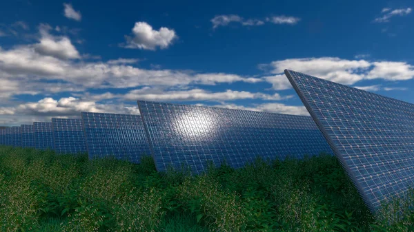 Pozadí solárních panelů fotovoltaických modulů pro obnovitelnou energii. Mraky a modrá obloha v zrcadle. Alternativní zdroj elektřiny. 3D vykreslování. 3D ilustrace — Stock fotografie