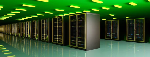 Servidor. Centro de datos de la sala de servidores. Copia de seguridad, minería, alojamiento, mainframe, granja y rack de computadoras con información de almacenamiento. 3d renderizar — Foto de Stock