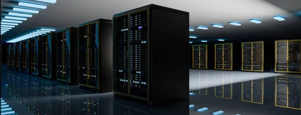 Servidor. Centro de datos de la sala de servidores. Copia de seguridad, minería, alojamiento, mainframe, granja y rack de computadoras con información de almacenamiento. 3d renderizar — Foto de Stock