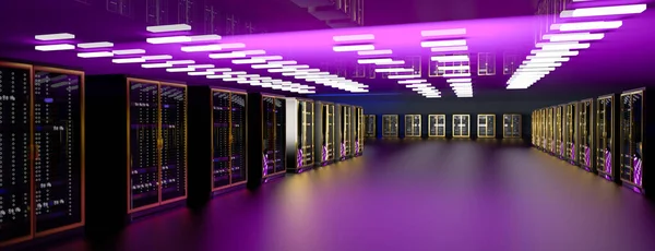 Server. Serverraum Rechenzentrum. Backup, Bergbau, Hosting, Großrechner, Bauernhof und Computerregal mit Speicherinformationen. 3D-Darstellung — Stockfoto