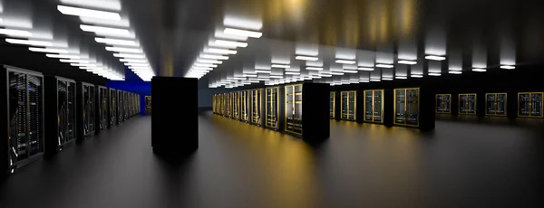 Servidor. Centro de datos de la sala de servidores. Copia de seguridad, minería, alojamiento, mainframe, granja y rack de computadoras con información de almacenamiento. 3d renderizar — Foto de Stock