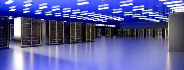 Servidor. Centro de datos de la sala de servidores. Copia de seguridad, minería, alojamiento, mainframe, granja y rack de computadoras con información de almacenamiento. 3d renderizar — Foto de Stock