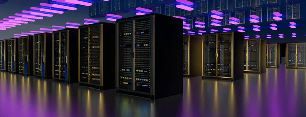 Centro de dados da sala do servidor. Backup, mineração, hospedagem, mainframe, fazenda e rack de computador com informações de armazenamento. Renderização 3d — Fotografia de Stock