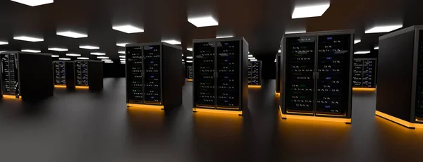 Szerver szoba adatközpont. Erősítés, bányászat, tárhely, központi számítógép, farm és számítógép állvány tárolási információkkal. 3d renderelés — Stock Fotó