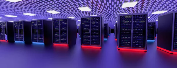 Data center della sala server. Backup, estrazione mineraria, hosting, mainframe, fattoria e computer rack con informazioni di archiviazione. rendering 3d — Foto Stock