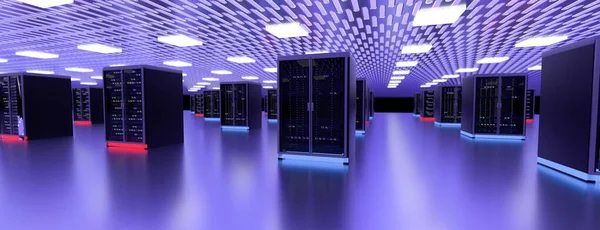 Serverrum datacenter. Säkerhetskopiering, gruvdrift, hosting, stordator, gård och datorställ med lagringsinformation. 3D-återgivning — Stockfoto