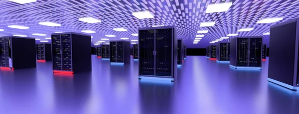 Centro de dados da sala do servidor. Backup, mineração, hospedagem, mainframe, fazenda e rack de computador com informações de armazenamento. Renderização 3d — Fotografia de Stock