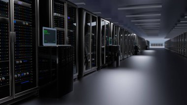 LED konsolunu sunucu odasındaki veri merkezine yerleştirin. Sunucu. Oda sunucuları veri merkezi. Yedek, madencilik, ev sahipliği, ana bilgisayar, çiftlik ve bilgisayar rafı ve depolama bilgileri. 3d hazırlayıcı