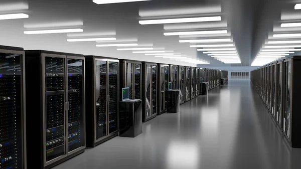 Consola led de montaje en rack en el centro de datos de la sala de servidores. Servidor. Centro de datos de servidores de habitación. Copia de seguridad, minería, alojamiento, mainframe, granja y rack de computadoras con información de almacenamiento. 3d renderizar — Foto de Stock