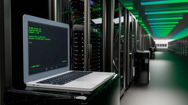 LED konsolunu sunucu odasındaki veri merkezine yerleştirin. Sunucu. Oda sunucuları veri merkezi. Yedek, madencilik, ev sahipliği, ana bilgisayar, çiftlik ve bilgisayar rafı ve depolama bilgileri. 3d hazırlayıcı