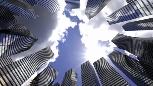 Concepto de negocio. Vista de lapso de tiempo del centro, mirando hacia arriba en la arquitectura de edificios de oficinas en el distrito financiero. renderizado 3d — Vídeo de stock