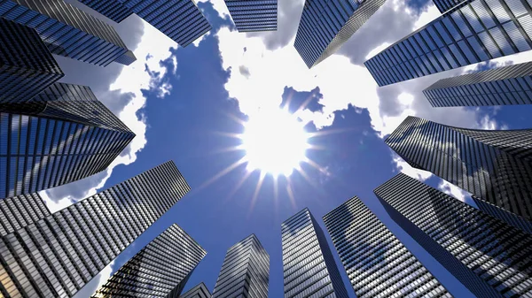 Perspektiva na ocelově modrou barvu skla vysoké budovy mrakodrap město budoucnosti a letadlo. Obchodní a cestovní koncept průmyslové technické architektury. 3D vykreslování. 3D ilustrace — Stock fotografie