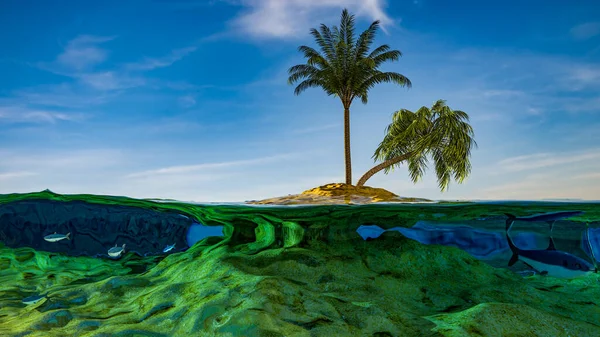 Voyages et vacances. Paysage au-dessus et au-dessous de la surface de l'eau, île tropicale rivage avec tranchée naturelle dans le récif avant divisé par la ligne de flottaison. Rendu 3d — Photo