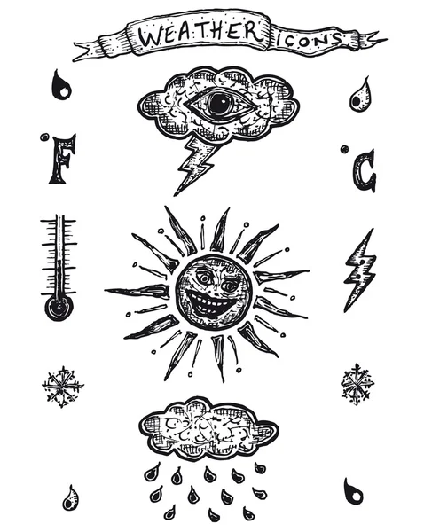 Hand drawn funny retro weather icons — Stock Vector