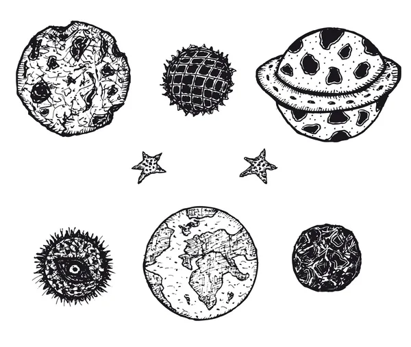 Hand getrokken planeten en ruimte asteroïden instellen — Stockvector