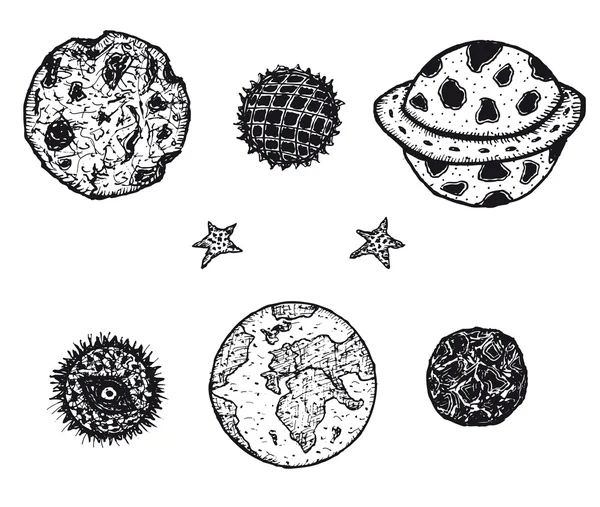 Planetas desenhados à mão e asteroides espaciais definidos Ilustração De Stock
